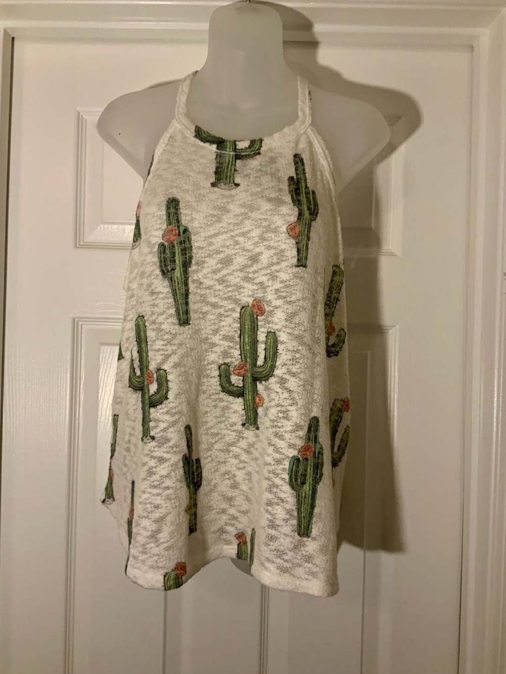 Ld Cactus Print Halter Tank Top White Knit Women's M